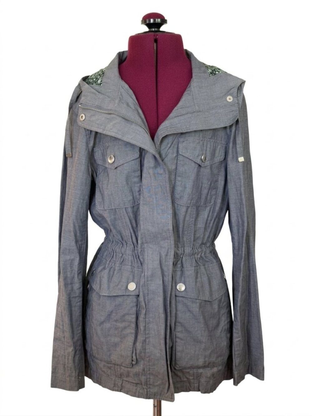 BCBGeneration Gray Hooded, Cinch-Waist Cotton Jacket - Size S